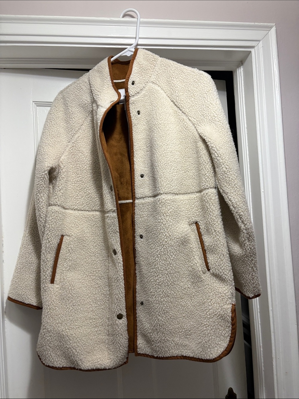 Old Navy Cream Sherpa Coat with Tan Trim